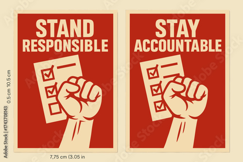 Strength and Accountability. Strength. Two vertical A6 banners with safe margins, centered composition, no elements touching edges, bold style, red and beige,