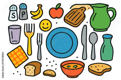 Colorful Kitchen Doodles. Kitchen table. Colorful Hand-drawn doodle Children illustration Kitchen table salt shaker, pepper shaker, fork, spoon, knife, plate,