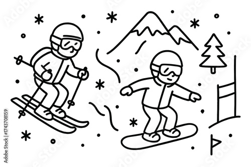 Snowy Mountain Adventure. Skiing or Snowboarding Down a Snowy Mountain Slope. Hand-drawn doodle illustration skiing or snowboarding down a snowy mountain slope