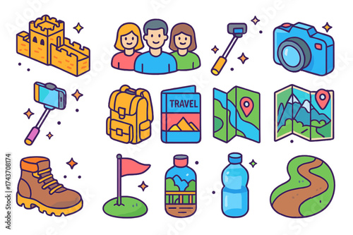 Isometric Tourism Icons. Tourism site. Colorful isometric vector icons set of tourism site: Great Wall, group of visitors, selfie stick, camera, backpack,