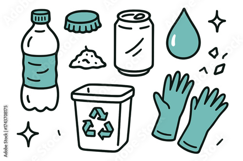 Recycling Doodle Art. Bottle Caps. Hand-drawn doodle illustration bottle (colored), cap (colored), soda can, droplet (colored), recycling bin, sparkle, trash