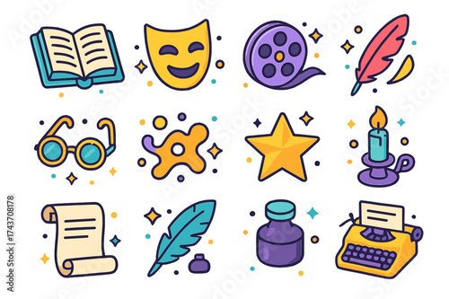 Cross-Genre Story Icons. Cross-Genre Stories. Colorful isometric vector icons set of cross-genre stories: open book, mask, film reel, quill, glasses, abstract