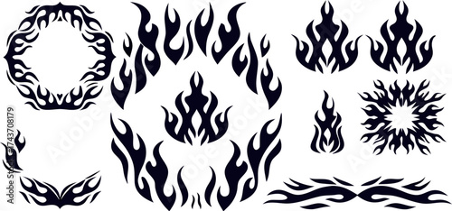 Abstract flames dancing in the dark — tribal fire patterns evoking ancient spirit energy in vector form on a white background.