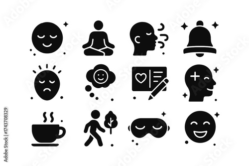 Mental Wellness Icons. Mental well-being habits. Solid icons set of calm face, meditation pose, breathing exercise, mindfulness bell, stress relief, happy