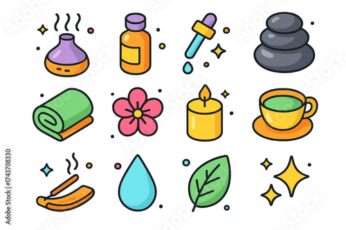 Spa Rituals Icons. Spa Rituals. Colorful isometric vector icons set of spa rituals: diffuser, oil bottle, dropper, massage stone, towel, flower, candle, tea