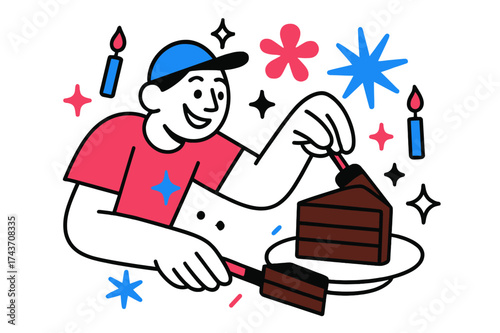 Celebratory Cake Delight. Celebration cake. A character smiling while serving a rich chocolate cake slice on a plate. Floating candles and sparkles form
