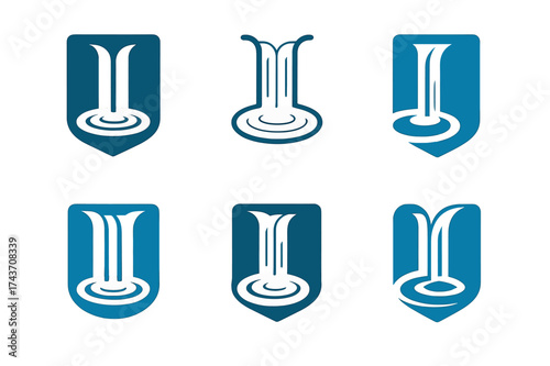 Waterfall Logo Variations. Waterfalls. Set Logo of Waterfalls: plunge pool. harmonious logo variations of the same emblematic concept, each with different