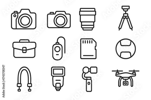 Camera Gear Icons. Camera equipment. Line icon set of camera equipment: DSLR camera, mirrorless camera, lens, tripod, camera bag, remote shutter, memory card,