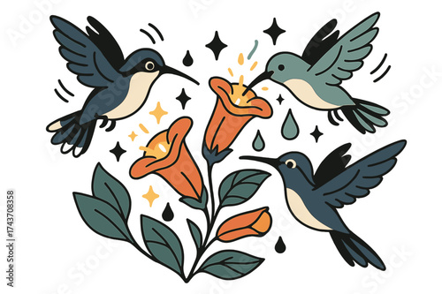 Hummingbird Floral Symphony. Hummingbird haven. Glowing nectar-rich tubular flowers with hummingbirds feeding. Floating icons of wings, droplets, and stars