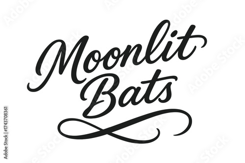 Moonlit Script Lettering. Moonlit Bats ? Script Hand-Lettering, flowing brush-style cursive with smooth connectors, arched composition, sweeping tails trailing