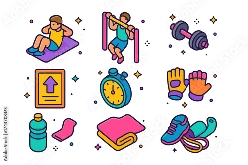 Colorful Fitness Icons. Fitness motivation. Colorful isometric vector icons set of fitness motivation: person exercising, pull-up, dumbbell, motivational
