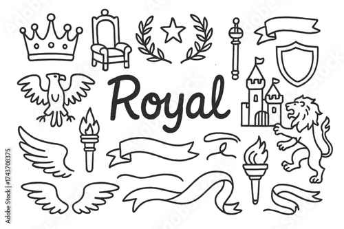 Royal Doodle Icons. Royal. Hand-drawn doodle illustration of Royal. crown, throne, scepter, laurel wreath,