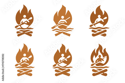 Kayaking Logo Variations. Kayaking in Rivers. Set Logo of Kayaking in Rivers: campfire. harmonious logo variations of the same emblematic concept, each with