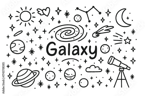 Galaxy Doodle Art. Galaxy. Hand-drawn doodle illustration of Galaxy. spiral galaxy, stars, planets, comet,