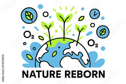 Nature's Renewal. Reforestation. Abstract earth sprouting with glowing green saplings, surrounded by floating