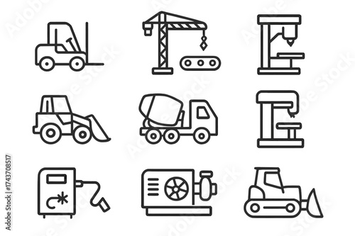 Industrial Machine Icons. Industrial machines. Line icon set of industrial machines: forklift, crane, conveyor belt, loader, cement mixer, drill press, welding