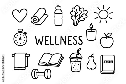 Wellness Doodle Icons. Wellness. Hand-drawn doodle illustration wellness heart, yoga mat, water bottle, leafy greens, candle, stopwatch, sun, cloud, book,