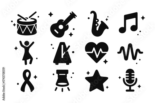 Iconic Rhythm Elements. Rhythm. Solid icons set of Rhythm: drum, guitar, saxophone, music note, dancer, metronome, heartbeat, wave, ribbon, spotlight, star,