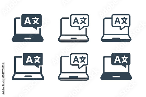 Language Interpreters Logos. Translators or interpreters working with languages. Set Logo of Translators or interpreters working with languages: Laptop with