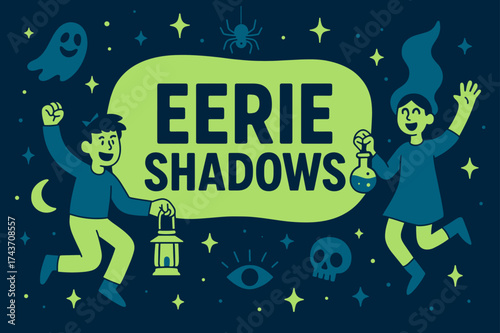 EerieShadows Celebration Banner. EerieShadows banner, flat vector illustration, bold oversized text inside rounded blob, cartoon characters jumping and waving