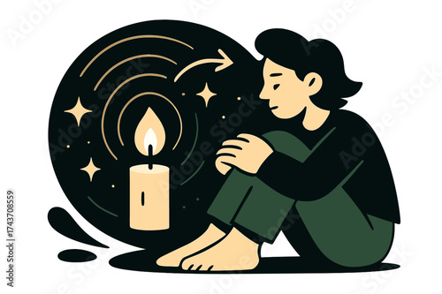 Contemplative Candlelight Scene. Silent reflection. A single glowing candle in the dark surrounded by abstract