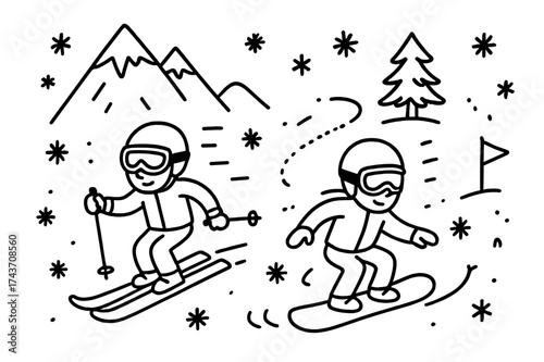 Skiing Snowy Mountain Doodle. Skiing or Snowboarding Down a Snowy Mountain Slope. Hand-drawn doodle illustration skiing or snowboarding down a snowy mountain