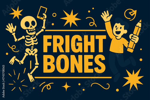 Fright Bones Banner. Fright Bones banner, flat vector illustration, bold oversized text inside rectangular frame, cartoon characters jumping and waving,