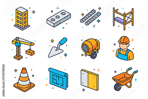 Urban Construction Icons. Urban construction. Colorful isometric vector icons set of urban construction: high-rise wall, concrete slab, rebar, scaffolding,