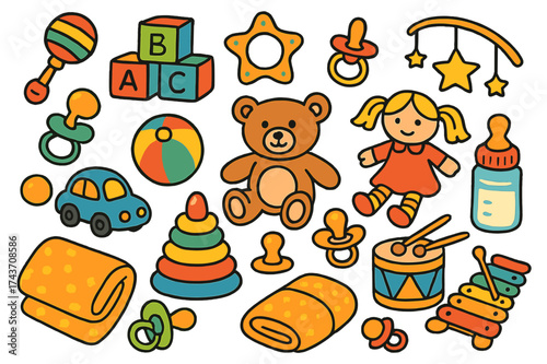 Colorful Baby Toys. Baby Toys. Colorful Hand-drawn doodle Children illustration Rattle, blocks, teddy bear, stacking rings, ball, toy car, soft doll, teether,