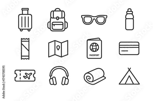 Travel Essentials Icons. Travel essentials. Line icon set of Travel essentials: suitcase, backpack, sunglasses, water bottle, snack bar, map, passport, credit