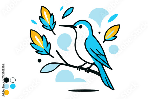 Feathered Hummingbird Art. Feather Light. A hummingbird perched gently on a stylized branch, glowing abstract feathers floating in the air. Calm and minimal