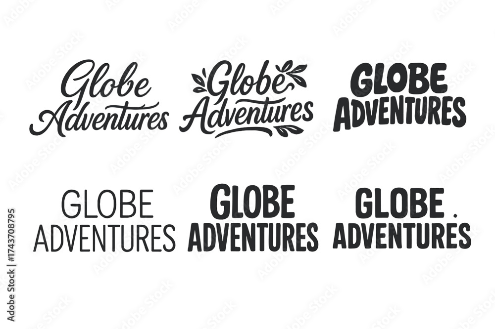 Fototapeta premium Globe Lettering Variations. Globe Adventures. Set lettering. harmonious lettering variations of the same emblematic concept, each with different artistic