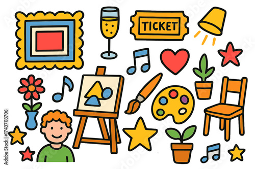 Art Gallery Celebration. Gallery Opening. Colorful Hand-drawn doodle Children illustration picture frame, champagne glass, ticket, spotlight, flower vase,
