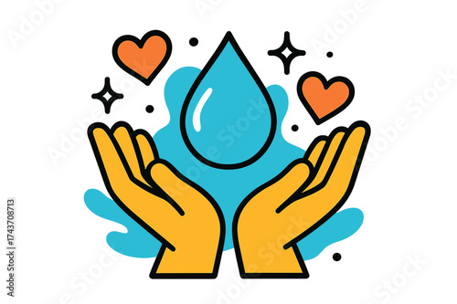 Caring Hands. Hands holding water. Two glowing hands gently cupping a droplet, abstract floating hearts and sparkles symbolizing care and responsibility.