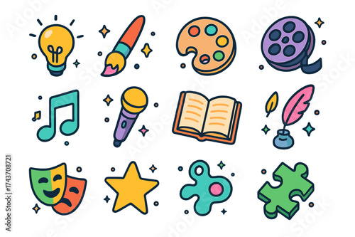 Creative Exploration Icons. Creative Exploration. Colorful isometric vector icons set of creative exploration: light bulb, paintbrush, palette, film reel,
