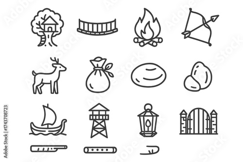 Elven Forest Icons. Elven forest life. Line icon set of Elven forest life: treehouse, wooden bridge, campfire, bow and arrow, forest animal, herbal pouch,