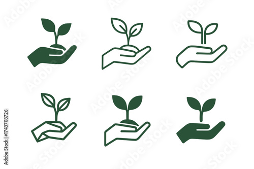 Plant Expansion Logos. Plant expansion plan. Set Logo of Plant Expansion: plant in hand. harmonious logo variations of the same emblematic concept, each with