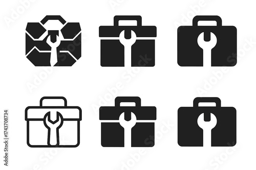 Skill Mastery Logos. Mastering new skills and hobbies. Set Logo of Mastering new skills and hobbies: Toolbox and wrench. harmonious logo variations of the same