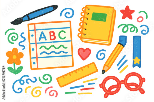 Colorful Doodle Elements. Practice. Colorful Hand-drawn doodle Children illustration Brush pen, notebook, alphabet practice sheet, paper, swirls, doodles,