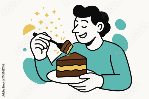 Chocolate Cake Delight. Chocolate indulgence. A person enjoying a rich cake slice, glowing cream layers visible as fork cuts in. Floating abstract sugar