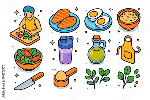 Post-Gym Meal Prep. Post-gym cooking. Colorful isometric vector icons set of post-gym cooking: person chopping vegetables, grilled chicken, boiled eggs,