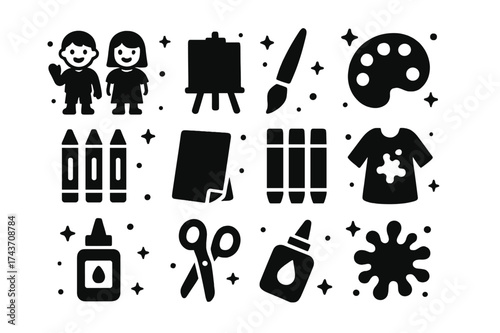 Children's Art Icons. Art Session. Solid icons set of Art Session: Two Children, Canvas, Easel, Paintbrush, Palette, Crayons, Paper, Markers, Smock, Glue,