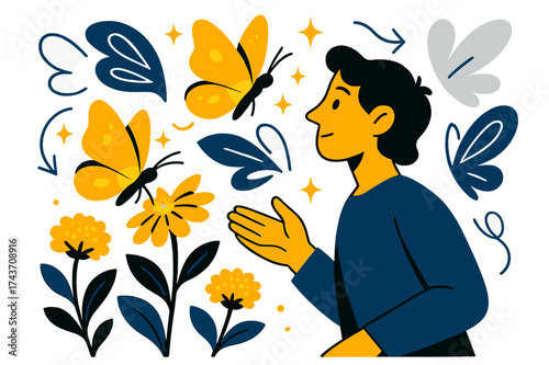 Glowing Butterfly Garden. Butterfly garden. Person watching glowing butterflies feeding on nectar-rich flowers. Floating abstract wings and sparkles