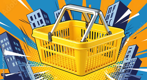 Yellow shopping basket on a pop art sunburst background. Comic style vector illustration for a retail sale concept