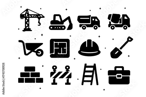Construction Icons Grid. Construction site. Solid icons set of Construction site: crane, excavator, dump truck, cement mixer, wheelbarrow, blueprint, helmet,