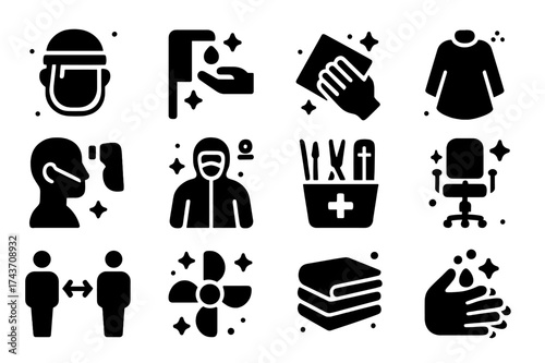 Salon Safety Icons. Salon Client Safety. Solid icons set of Salon Client Safety: face shield, hand sanitizing station, cleaning cloths, disposable capes,