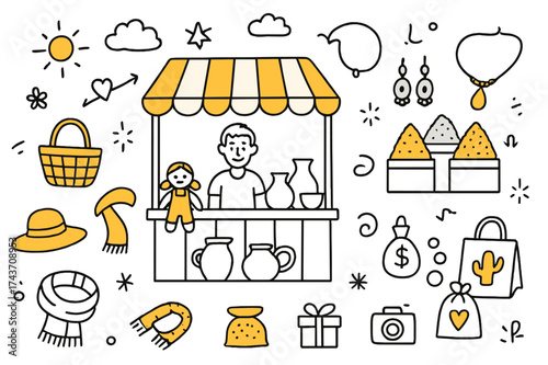 Colorful Market Doodle. Market Visit. Hand-drawn doodle illustration market stall (colored), basket, hat (colored), scarf, jewelry (colored), spices, souvenir