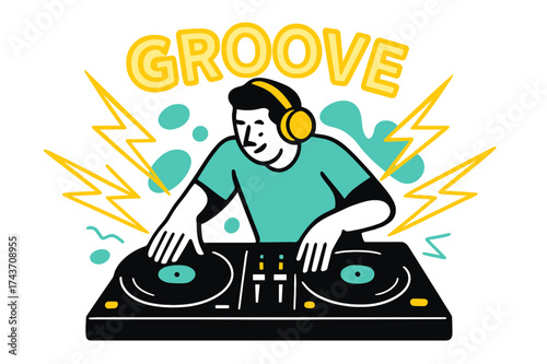 Groove DJ Illustration. Turntable DJ. A figure mixing on vinyl decks, sound beams shooting outward like lightning. Word ?Groove? radiating in glowing strokes