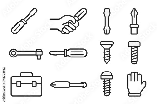 Screwdriver Grip Icons. Screwdriver grip. Line icon set of screwdriver grip: screwdriver, hand holding tool, flathead tip, phillips tip, torque wrench, handle,