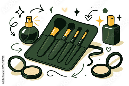 Sophisticated Beauty Essentials. Luxury beauty kit. An elegant brush roll lying on a vanity table with glowing